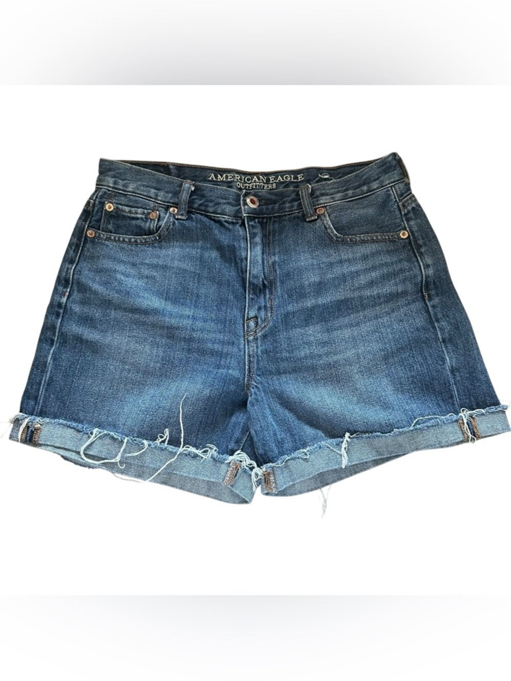 AE American Eagle Medium Wash Denim Mom Short Frayed Cuffed Sz 4